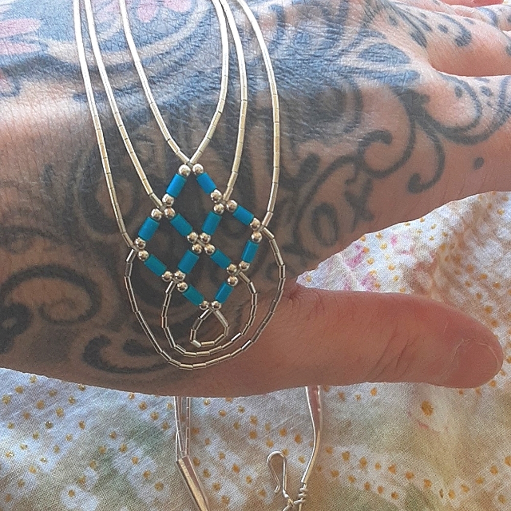 💙 Southwestern Liquid Silver Sterling + Turquoise Bead Necklace, Vintage Beauty - Picture 6 of 8